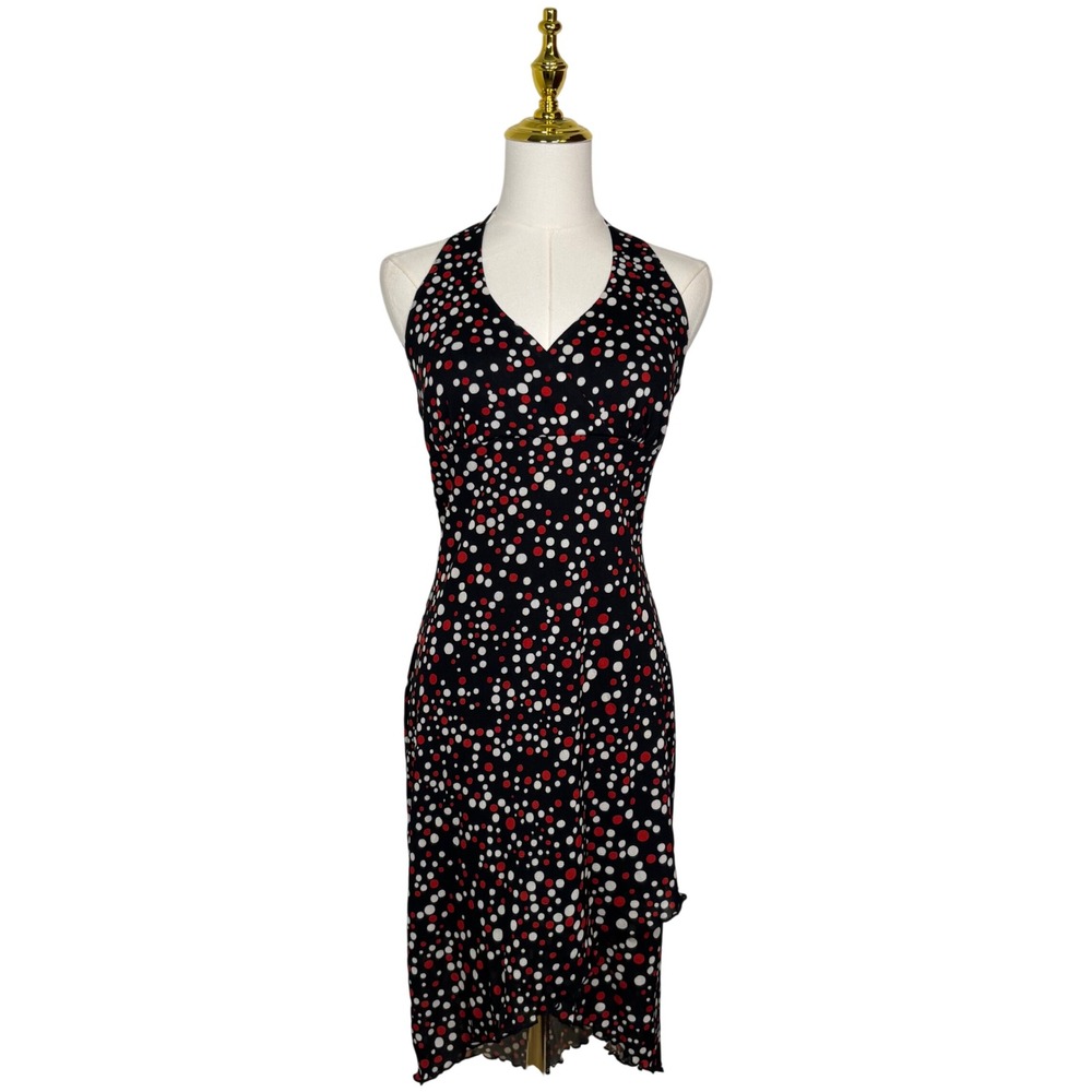 mandee Y2K halter ruffle black midi party dress red white polkadot coquette goth